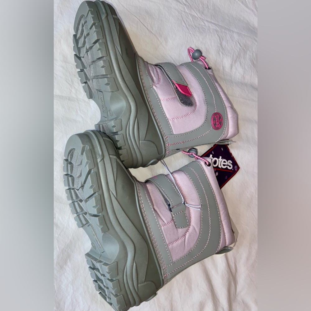 NWT Totes Sz-2 GS Kids Pink/Gray Warm Winter Snow Boots-Great Tread, Easy On/Off - Picture 5 of 16